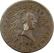 USA One Cent Miss Liberty 1792 Copper with silver plug; Judd# 1 KM# PnE1 LIBERTY PARENT OF SCIENCE & INDUST: coin obverse USA One Cent Miss Liberty 1792 Copper with silver plug; Judd# 1 KM# PnE1 LIBERTY PARENT OF SCIENCE & INDUST: coin obverse