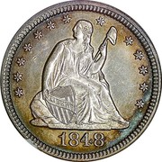 USA Quar. Dol. Seated Liberty 1848 KM# 64.2 LIBERTY coin obverse USA Quar. Dol. Seated Liberty 1848 KM# 64.2 LIBERTY coin obverse