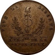 France 2 Sols Essai de Bryzin 1792  VIVE LA - LIBERTE. L'AN I. BR DE LA REPUB. FRAN coin obverse France 2 Sols Essai de Bryzin 1792  VIVE LA - LIBERTE. L'AN I. BR DE LA REPUB. FRAN coin obverse
