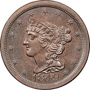 USA Half Cent Braided Hair 1849 large date KM# 70 LIBERTY coin obverse USA Half Cent Braided Hair 1849 large date KM# 70 LIBERTY coin obverse