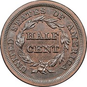 USA Half Cent Braided Hair 1849 large date KM# 70 UNITED STATES OF AMERICA HALF CENT coin reverse USA Half Cent Braided Hair 1849 large date KM# 70 UNITED STATES OF AMERICA HALF CENT coin reverse