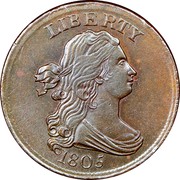 USA Half Cent Draped Bust 1805 small 5, stemless KM# 33 LIBERTY coin obverse USA Half Cent Draped Bust 1805 small 5, stemless KM# 33 LIBERTY coin obverse
