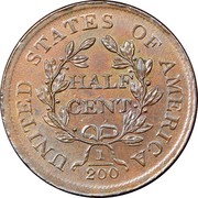 USA Half Cent Draped Bust 1805 small 5, stemless KM# 33 UNITED STATES OF AMERICA HALF CENT 1/200 coin reverse USA Half Cent Draped Bust 1805 small 5, stemless KM# 33 UNITED STATES OF AMERICA HALF CENT 1/200 coin reverse