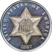 USA III Cents Type 3 1867 KM# 88 UNITED STATES OF AMERICA coin obverse USA III Cents Type 3 1867 KM# 88 UNITED STATES OF AMERICA coin obverse
