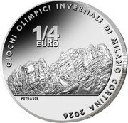 Italy 1/4 Euro (Dolomites mountains. Cortina. No Date) PETRASSI 1/4 EURO GIOCHI OLIMPICI INVERNALI DI MILANO CORTINA 2026 coin reverse Italy 1/4 Euro (Dolomites mountains. Cortina. No Date) PETRASSI 1/4 EURO GIOCHI OLIMPICI INVERNALI DI MILANO CORTINA 2026 coin reverse