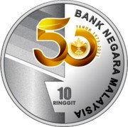 Malaysia 10 Ringgit (50th Anniversary of Rubber Industry Smallholders Development Authority (RISDA)) 50 RISDA TAHUN 1973-2023 10 RINGGIT BANK NEGARA MALAYSIA coin obverse Malaysia 10 Ringgit (50th Anniversary of Rubber Industry Smallholders Development Authority (RISDA)) 50 RISDA TAHUN 1973-2023 10 RINGGIT BANK NEGARA MALAYSIA coin obverse