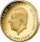 Niue 100 Dollars (Deadly & Dangerous. Australia's Tiger Snake) CHARLES III NIUE 2025 100 DOLLARS 1OZ 9999 GOLD JC coin obverse