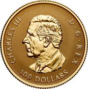 Canada 100 Dollars (Gleaming Maple Leaves) CHARLES III D G REX 100 DOLLARS SR coin obverse Canada 100 Dollars (Gleaming Maple Leaves) CHARLES III D G REX 100 DOLLARS SR coin obverse