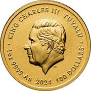 Tuvalu 100 Dollars (The Kingston) KING CHARLES III TUVALU JC 1 OZ 9999 AU 2024 100 DOLLARS coin obverse