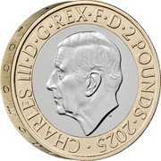 UK 2 Pounds (200 Years of the Modern Railway) CHARLES III D G REX F D 2 POUNDS 2025 MJ coin obverse UK 2 Pounds (200 Years of the Modern Railway) CHARLES III D G REX F D 2 POUNDS 2025 MJ coin obverse