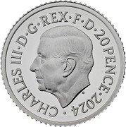 UK 20 Pence (The Lion and The Eagle) CHARLES III D G REX F D 20 PENCE 2024 MJ coin obverse UK 20 Pence (The Lion and The Eagle) CHARLES III D G REX F D 20 PENCE 2024 MJ coin obverse