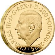 UK 200 Pounds (Great Engravers. Benedetto Pistrucci. The Waterloo Medal Victory) CHARLES III D G REX F D 200 POUNDS 2025 MJ coin obverse UK 200 Pounds (Great Engravers. Benedetto Pistrucci. The Waterloo Medal Victory) CHARLES III D G REX F D 200 POUNDS 2025 MJ coin obverse