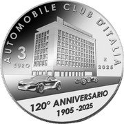 Italy 3 Euro (120th Anniversary of the Foundation of ACI. Automobile Club d’Italia) AUTOMOBILE CLUB D’ITALIA 3 EURO R 2025 120° ANNIVERSARIO 1905 -2025 coin reverse Italy 3 Euro (120th Anniversary of the Foundation of ACI. Automobile Club d’Italia) AUTOMOBILE CLUB D’ITALIA 3 EURO R 2025 120° ANNIVERSARIO 1905 -2025 coin reverse