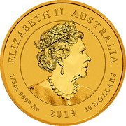 Australia 30 Dollars (Australian Bottlenose Dolphin) ELIZABETH II AUSTRALIA JC 1 1/3OZ 9999 AU 30 DOLLARS 2019 coin obverse Australia 30 Dollars (Australian Bottlenose Dolphin) ELIZABETH II AUSTRALIA JC 1 1/3OZ 9999 AU 30 DOLLARS 2019 coin obverse