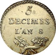 France 5 Decimes (Pattern by Lorthior) 5 DECIMES L'AN 8 A coin reverse