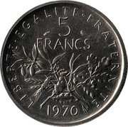 France 5 Francs (Semeuse Essai) LIBERTE EGALITE FRATERNITE 5 FRANCS 1970 coin reverse France 5 Francs (Semeuse Essai) LIBERTE EGALITE FRATERNITE 5 FRANCS 1970 coin reverse