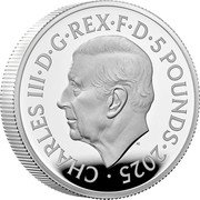 UK 5 Pounds (Great Engravers. Benedetto Pistrucci. The Waterloo Medal Victory) CHARLES III D G REX F D 5 POUNDS 2025 MJ coin obverse UK 5 Pounds (Great Engravers. Benedetto Pistrucci. The Waterloo Medal Victory) CHARLES III D G REX F D 5 POUNDS 2025 MJ coin obverse