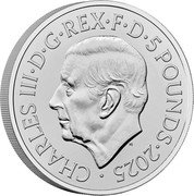 UK 5 Pounds (Queen Elizabeth The Queen Mother) CHARLES III D G REX F D 5 POUNDS 2025 MJ coin obverse UK 5 Pounds (Queen Elizabeth The Queen Mother) CHARLES III D G REX F D 5 POUNDS 2025 MJ coin obverse