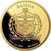 Samoa 50 Tala (Thomas Mann 150th Anniversary) SAMOA FA'AVAE I LE ATUA SAMOA 0.5 G AU .9999 $50 TALA coin obverse Samoa 50 Tala (Thomas Mann 150th Anniversary) SAMOA FA'AVAE I LE ATUA SAMOA 0.5 G AU .9999 $50 TALA coin obverse