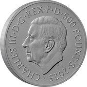 UK 500 Pounds (Great Engravers. Benedetto Pistrucci. The Waterloo Medal Victory) CHARLES III D G REX F D 500 POUNDS 2025 MJ coin obverse UK 500 Pounds (Great Engravers. Benedetto Pistrucci. The Waterloo Medal Victory) CHARLES III D G REX F D 500 POUNDS 2025 MJ coin obverse