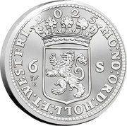 Netherlands 6 Stuiver 1705 Scheepjesschelling. Piedfort 2025 ☤ raven Proof 2025 MO:NO: ORD:HOLL:ET:WESTFRI 6 S R coin obverse Netherlands 6 Stuiver 1705 Scheepjesschelling. Piedfort 2025 ☤ raven Proof 2025 MO:NO: ORD:HOLL:ET:WESTFRI 6 S R coin obverse