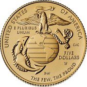 USA Five Dollars (250th Anniversary of the United States Marine Corps) UNITED STATES SEMPER FIDELIS OF AMERICA E PLURIBUS UNUM CAC FIVE DOLLARS W DW THE FEW, THE PROUD coin obverse USA Five Dollars (250th Anniversary of the United States Marine Corps) UNITED STATES SEMPER FIDELIS OF AMERICA E PLURIBUS UNUM CAC FIVE DOLLARS W DW THE FEW, THE PROUD coin obverse