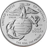 USA Half Dollar (250th Anniversary of the United States Marine Corps) UNITED STATES SEMPER FIDELIS OF AMERICA E PLURIBUS UNUM CAC HALF DOLLAR S DW THE FEW, THE PROUD coin obverse USA Half Dollar (250th Anniversary of the United States Marine Corps) UNITED STATES SEMPER FIDELIS OF AMERICA E PLURIBUS UNUM CAC HALF DOLLAR S DW THE FEW, THE PROUD coin obverse