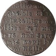 UK Halfpenny (David Garrick. Hallens Birmingham Warwickshire Conder) HALFPENNY PAYABLE . AT THE INTELLIGENCE OFFICE FOR MAS TERS AND SERV ANTS KEPT BY W M HALLEN 1792 coin reverse