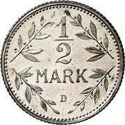 Germany 1/2 Mark Wilhelm II Type 2. Small Shield. Pattern 1901 D KM# Pn71 1/2 MARK D coin reverse