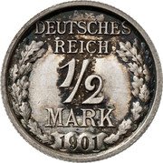 Germany 1/2 Mark (Wilhelm II Type 2. Small Shield. Pattern) KM# Pn70 DEUTSCHES REICH 1/2 MARK 1901 coin reverse