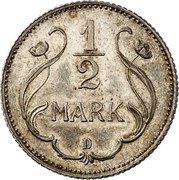 Germany 1/2 Mark (Wilhelm II Type 2. Small Shield. Pattern) KM# Pn78 1/2 MARK D coin reverse