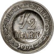 Germany 1/2 Mark (Wilhelm II Type 2. Small Shield. Pattern) KM# Pn89 DEUTSCHES REICH 1/2 MARK 1902 coin reverse
