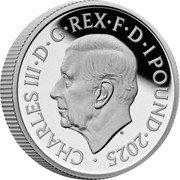 UK 1 Pound (Britannia Issue) CHARLES III D G REX F D 1 POUND 2025 MJ coin obverse UK 1 Pound (Britannia Issue) CHARLES III D G REX F D 1 POUND 2025 MJ coin obverse
