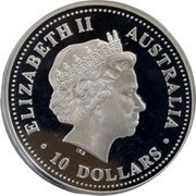 Australia 10 Dollars (Australian Kookaburra. P100) ELIZABETH II AUSTRALIA 10 DOLLARS IRB coin obverse Australia 10 Dollars (Australian Kookaburra. P100) ELIZABETH II AUSTRALIA 10 DOLLARS IRB coin obverse