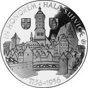 Germany 10 Ducat (Aureus Magnus Issues. 400th Anniversary Hall in Swabia) X# M8 IN HONOREM HALAE SUEVICAE 1156-1956 coin reverse