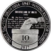 Malta 10 Euro (70th Anniversary of Women’s Voting Rights) KM# 185 DRITT TAL-VOT GHAN-NISA 1947 VOTING RIGHTS FOR WOMEN NGB 10 EURO 2017 KOSTITUZZ JONI TA' MALTA 1947 coin reverse