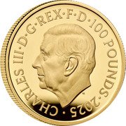 UK 100 Pounds (Music Legends. John Lennon) CHARLES III D G REX F D 100 POUNDS 2025 MJ coin obverse UK 100 Pounds (Music Legends. John Lennon) CHARLES III D G REX F D 100 POUNDS 2025 MJ coin obverse