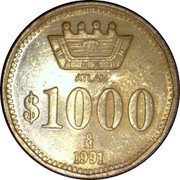 Mexico 1000 Pesos (Pattern Atlan) ATLAN $1000 MO 1991 coin reverse Mexico 1000 Pesos (Pattern Atlan) ATLAN $1000 MO 1991 coin reverse