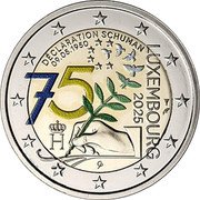 Luxembourg 2 Euro (Henri I Schuman Declaration. Coloured) DÉCLARATION SCHUMANN 09.05.1950 LUXEMBOURG 2025 H CP coin obverse Luxembourg 2 Euro (Henri I Schuman Declaration. Coloured) DÉCLARATION SCHUMANN 09.05.1950 LUXEMBOURG 2025 H CP coin obverse