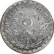 Mexico 2 Pesos (Provisional Government. Unfinished Lapels) MONEDA PROVISIONAL AG 0.902 AU 0.010 2 PESOS coin reverse Mexico 2 Pesos (Provisional Government. Unfinished Lapels) MONEDA PROVISIONAL AG 0.902 AU 0.010 2 PESOS coin reverse