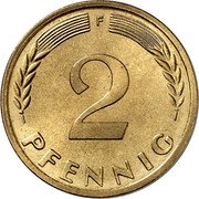 Germany 2 Pfennig Pattern 1959 F KM# Pn401 F 2 PFENNIG coin reverse Germany 2 Pfennig Pattern 1959 F KM# Pn401 F 2 PFENNIG coin reverse