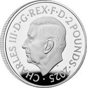 UK 2 Pounds (The Battles of Lexington & Concord) CHARLES III D G REX F D 2 POUNDS 2025 MJ coin obverse UK 2 Pounds (The Battles of Lexington & Concord) CHARLES III D G REX F D 2 POUNDS 2025 MJ coin obverse