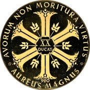 Germany 20 Ducat (Aureus Magnus Issues. 350th Anniversary Hudson in Manhattan) X# M69 AVORUM NON MORITURA VIRTUS XX DUCAT AUREUS MAGNUS 980 coin obverse Germany 20 Ducat (Aureus Magnus Issues. 350th Anniversary Hudson in Manhattan) X# M69 AVORUM NON MORITURA VIRTUS XX DUCAT AUREUS MAGNUS 980 coin obverse