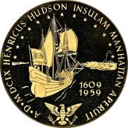 Germany 20 Ducat (Aureus Magnus Issues. 350th Anniversary Hudson in Manhattan) X# M69 A D MDCIX HENRICUS HUDSON INSULAM MANHATTAN APERUIT 1609 1959 coin reverse Germany 20 Ducat (Aureus Magnus Issues. 350th Anniversary Hudson in Manhattan) X# M69 A D MDCIX HENRICUS HUDSON INSULAM MANHATTAN APERUIT 1609 1959 coin reverse