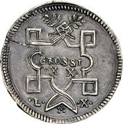 Italy 20 Grossi (Francis Maria II della Rovere) GROSSI X X L X coin reverse Italy 20 Grossi (Francis Maria II della Rovere) GROSSI X X L X coin reverse