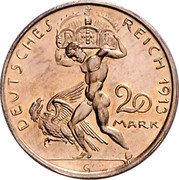 Germany 20 Mark (Louis III Pattern. Hercules. Karl Goetz) DEVTSCHES REICH 1913 20 MARK G coin reverse