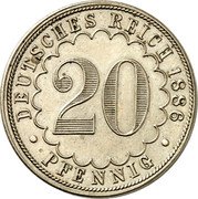 Germany 20 Pfennig (Wilhelm I Pattern. Beaded Circle and Leaves) DEUTSCHES REICH 1886 20 PFENNIG coin reverse