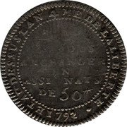 France 20 Sols (Lefevre Lesage and Co.) B. P. 20 SOLS A ECHANGER EN ASSIGNATS DE 50# ET AU DESSUS L'AN 4ME DE LA LIBERTE 1792 coin reverse