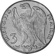Germany 3 Mark (Karl Goetz Issues. Germania) X# 34 3 REICHS MARK D coin reverse
