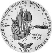 Germany 30 Ducat (Aureus Magnus Issues. 350th Anniversary Hudson in Manhattan) X# M70 A D MDCIX HENRICUS HUDSON INSULAM MANHATTAN APERUIT 1609 1959 coin reverse Germany 30 Ducat (Aureus Magnus Issues. 350th Anniversary Hudson in Manhattan) X# M70 A D MDCIX HENRICUS HUDSON INSULAM MANHATTAN APERUIT 1609 1959 coin reverse